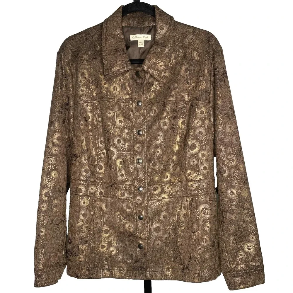 Coldwater Creek women's size 18 Brown & Gold Metallic Snap Button Jacket stretch